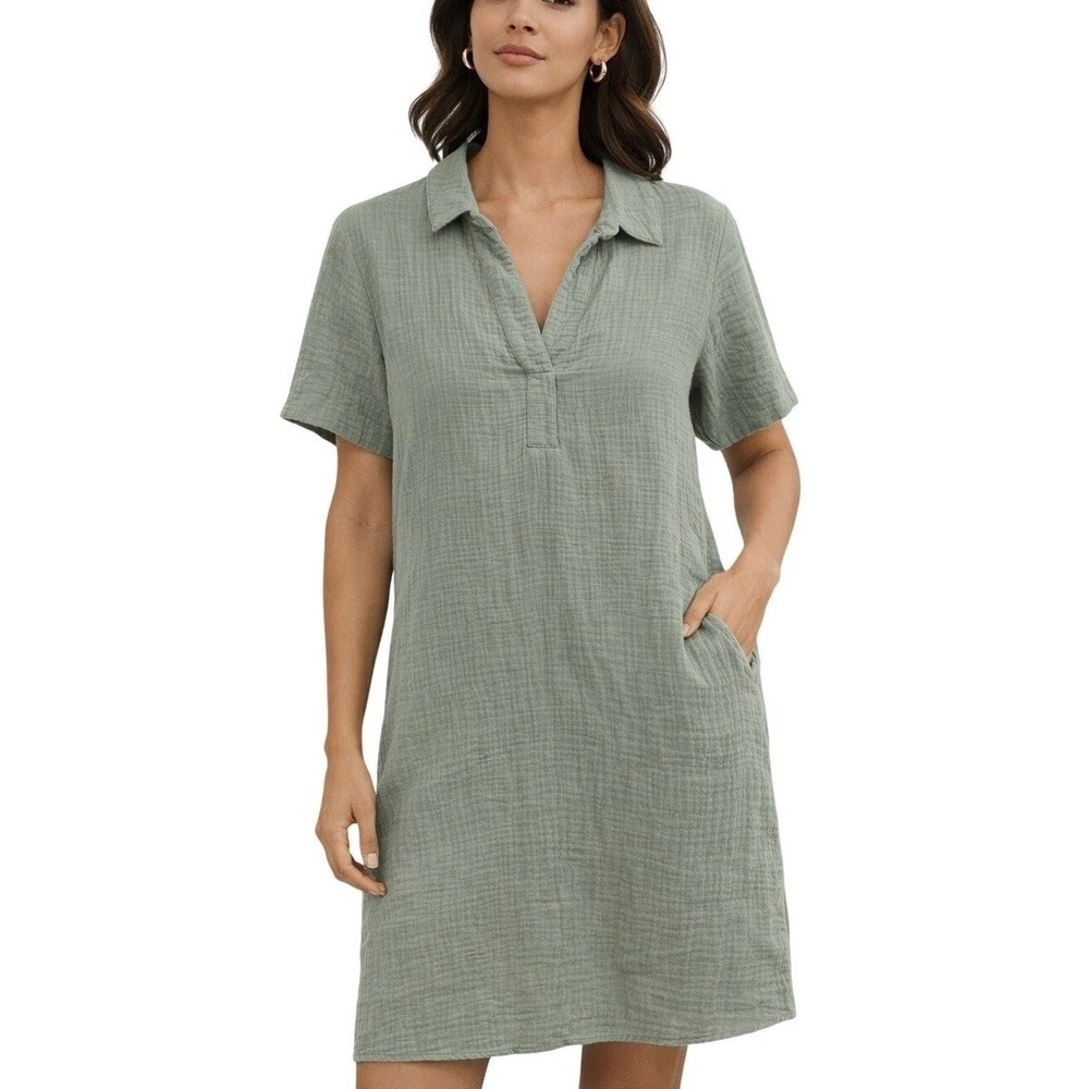 Three Dot's Sage Green Cotton Gauze Short Sleeve V-Neck Shift Dress flowy breezy